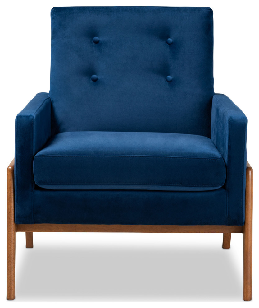 Yivi Mid Century Navy Blue Velvet Fabric and Walnut Brown Wood Lounge Chair   Midcentury   Armchairs And Accent Chairs   by Baxton Studio  Houzz