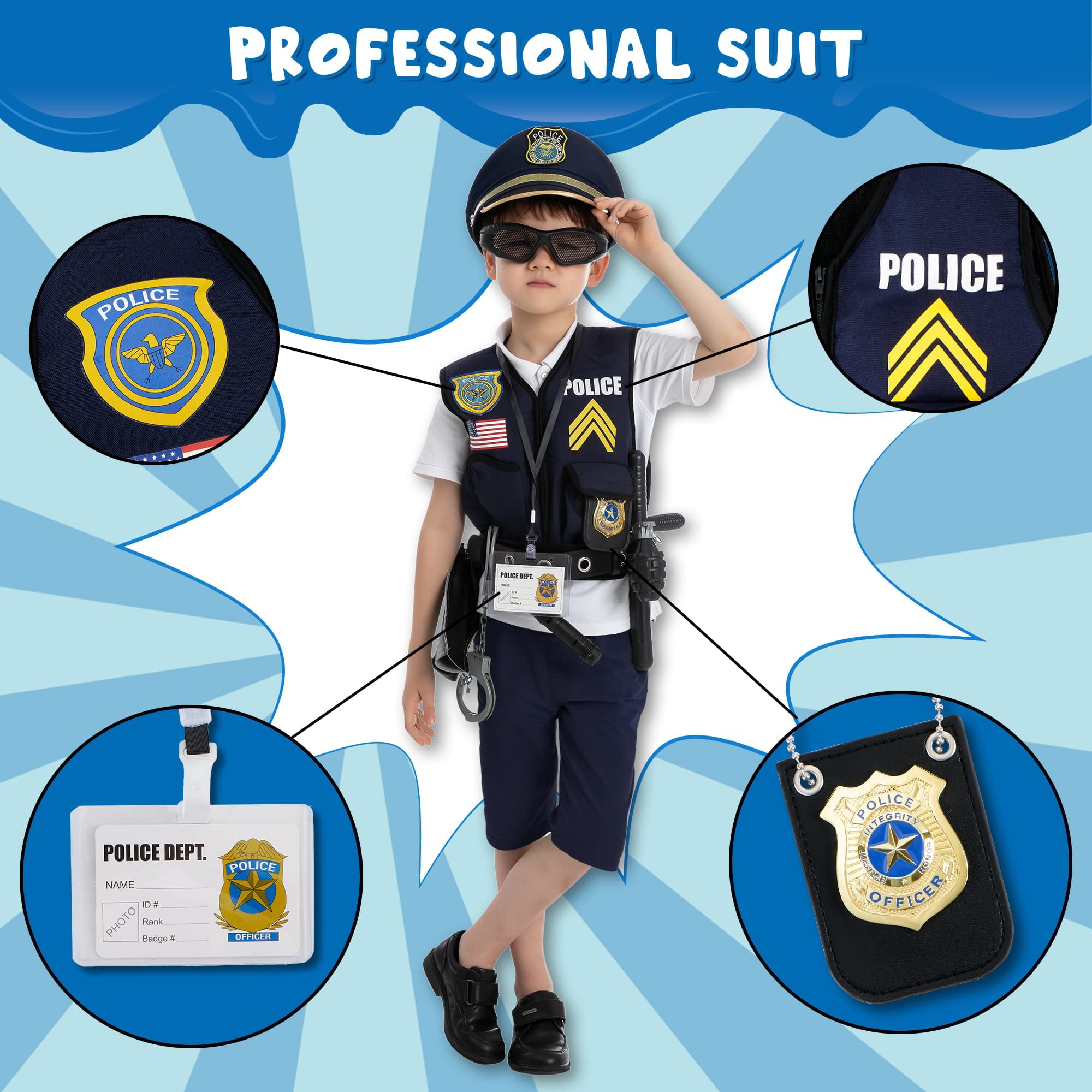 JOYIN 14 Pcs Police Pretend Play Toys Hat and Uniform Outfit for Halloween Dress Up Party, Police Officer Costume, Role-playing