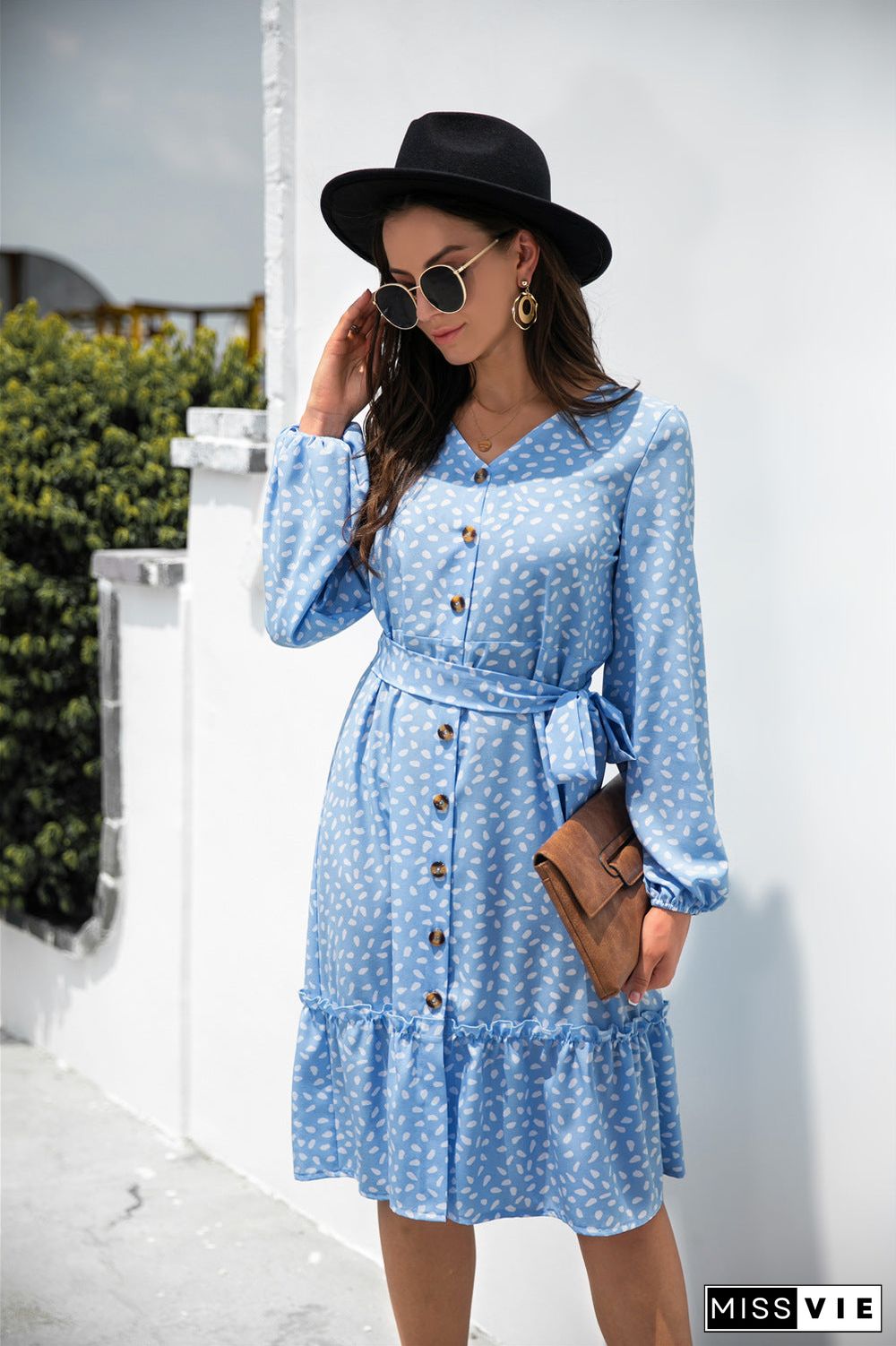 Dot Print Button Ruffle Tunic Dress