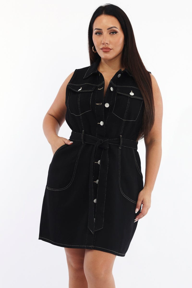 Black Button Thru Denim Sleeveless Dress