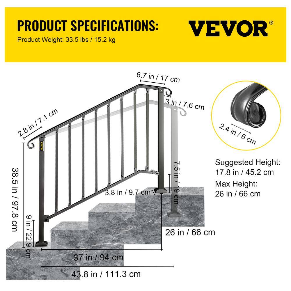 VEVOR 3 ft. Handrails for Outdoor Steps Fit 3 or 4 Steps Outdoor Stair Railing Wrought Iron Handrail with baluster Black LTFS3H4BHSTL00001V0