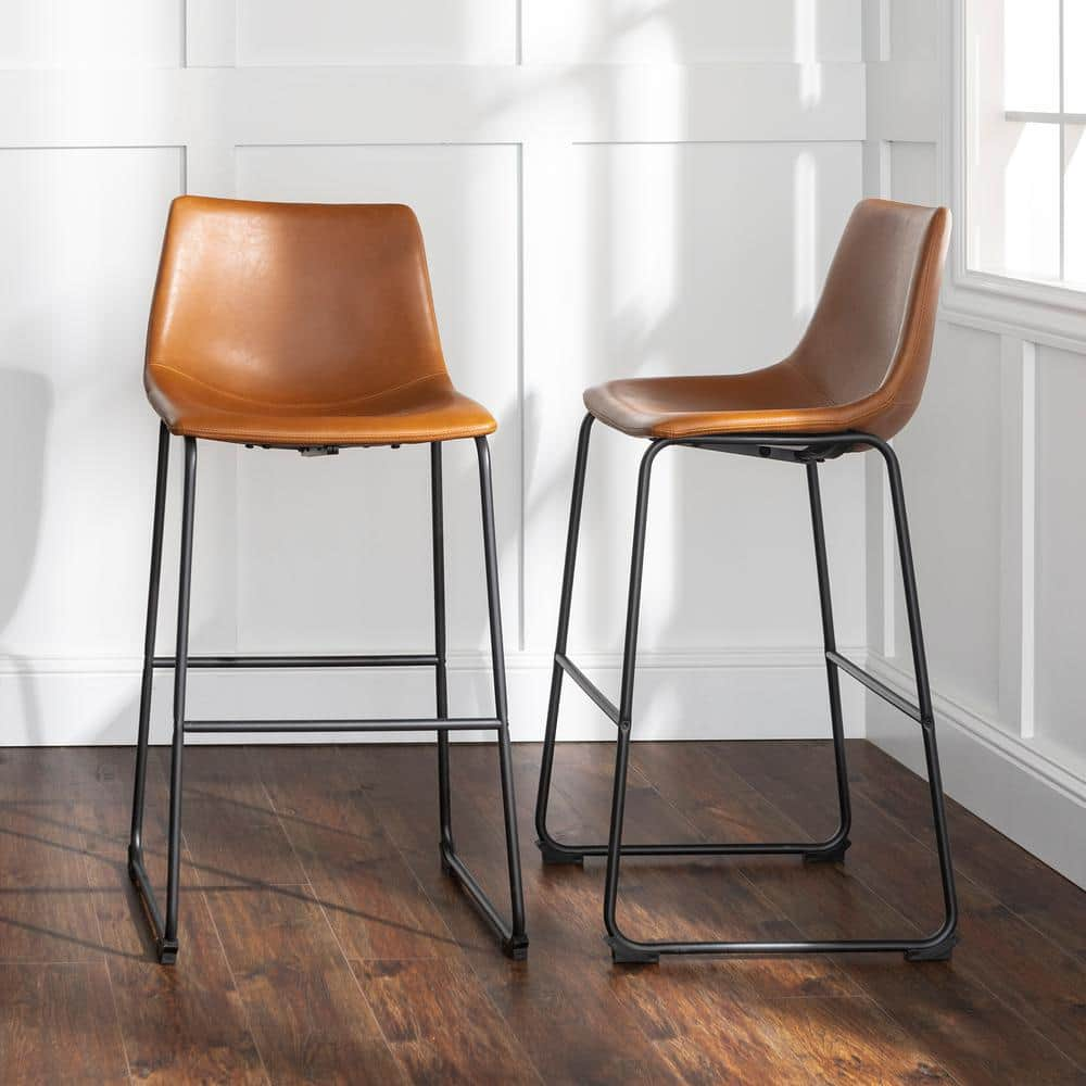 Walker Edison Furniture Company 29-3/8 in. Whiskey Brown Faux Leather Bar Stools (Set of 2) HDHL30WB