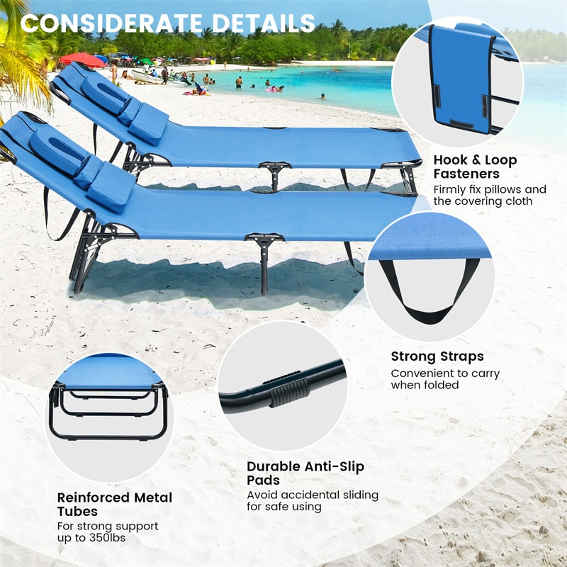 Folding Beach Chaise Lounge Chair 5-Position Adjustable Sunbathing Recliner with Face Hole & Dechatable Pillows