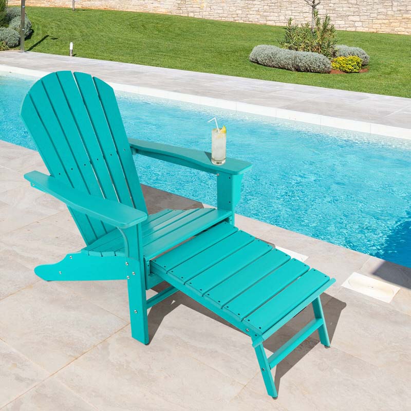 HDPE Adirondack Chair with Retractable Ottoman, Outdoor Chaise Lounge Chair for Lawn Pool Deck