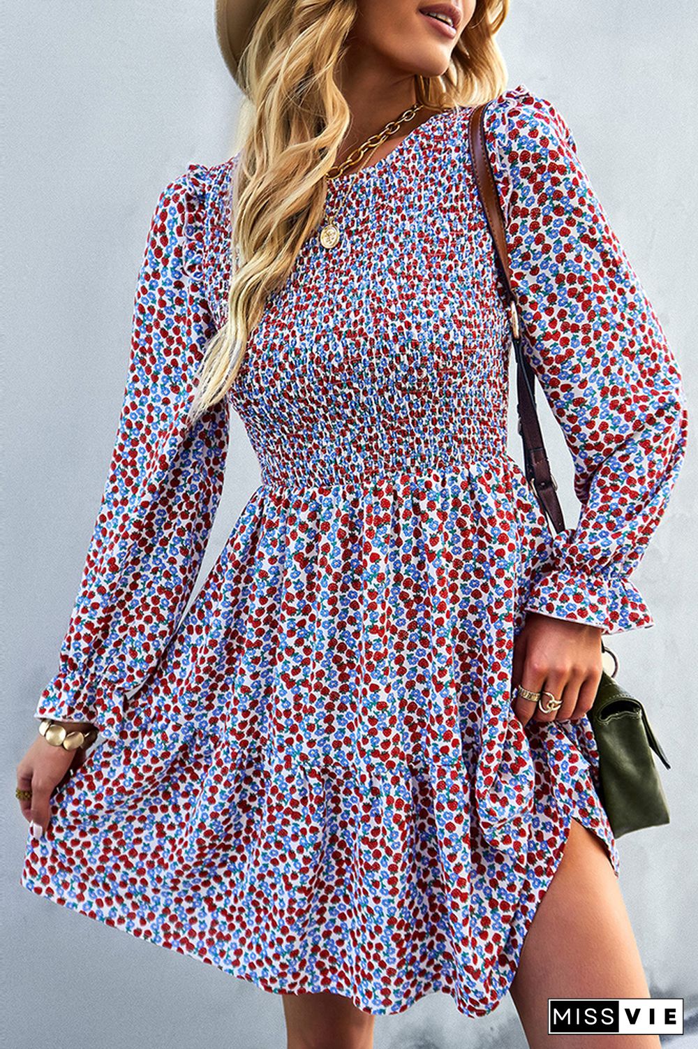 Smocked Puffy Long Sleeves Floral Dress