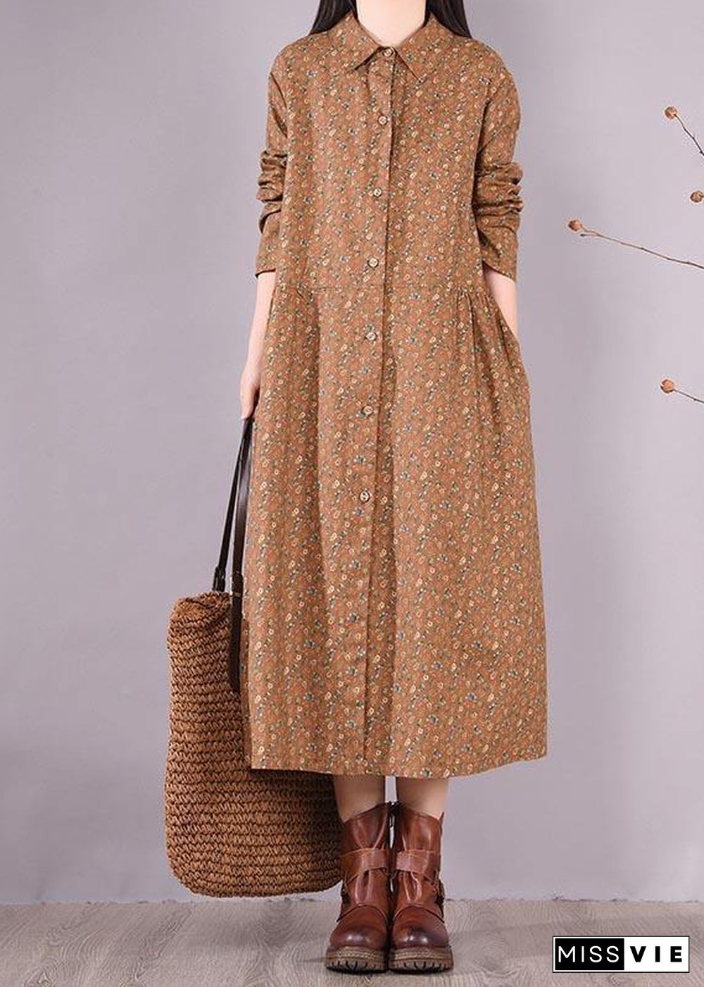 Women Chocolate Print Dress Lapel Button Down Daily Spring Dress