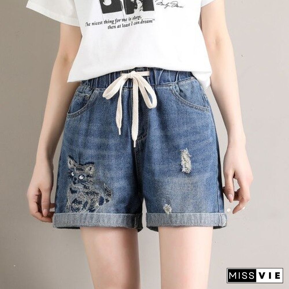 Women's Denim Shorts Loose Embroidery Pattern Wide Short Elastic Waist Summer Shorts Jeans Plus Size Clothing for Women 4xl 5xl