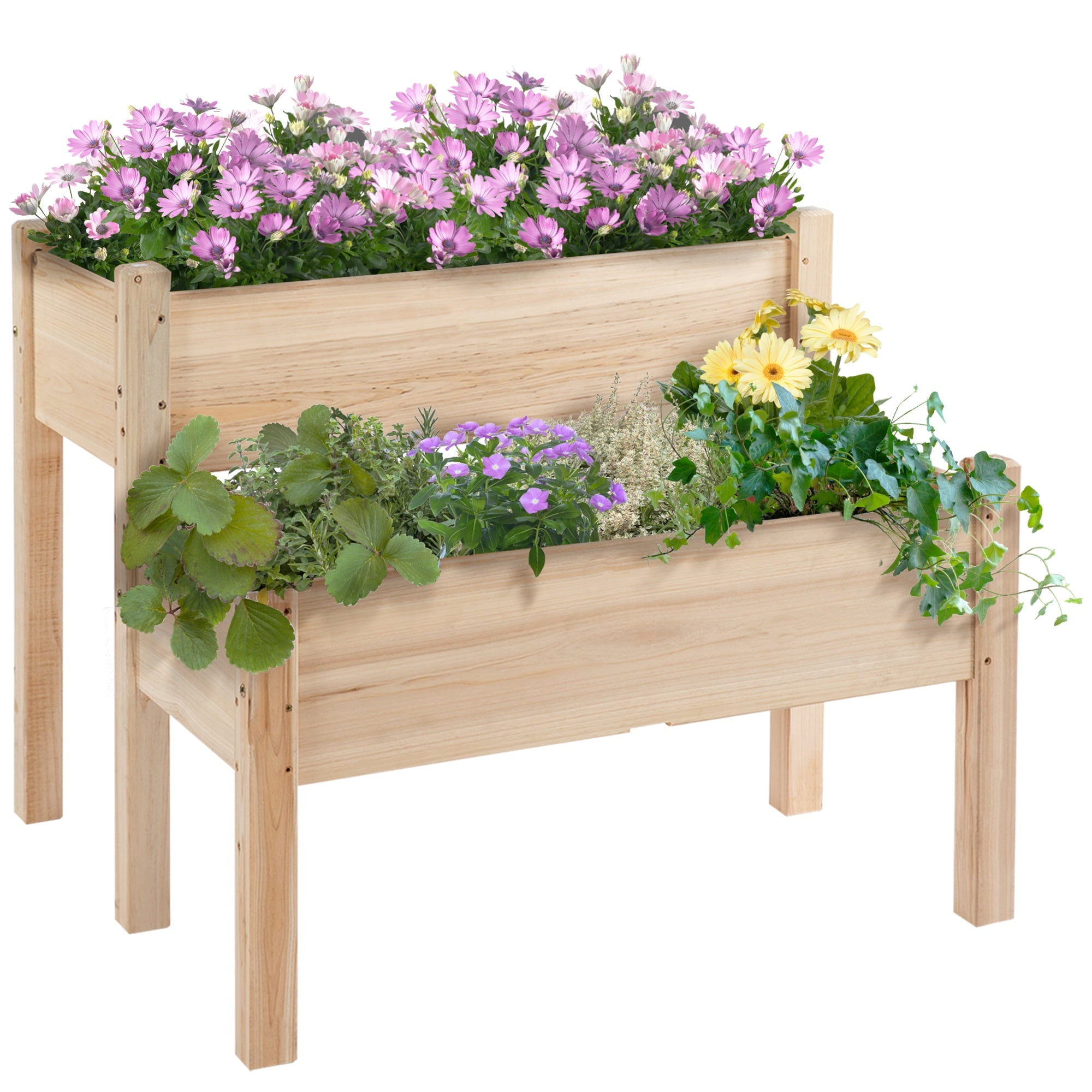 Outsunny 34"x34"x28" Raised Garden Bed 2-Tier Wooden Planter Box for Backyard, Patio to Grow Vegetables, Herbs, and Flowers Natural