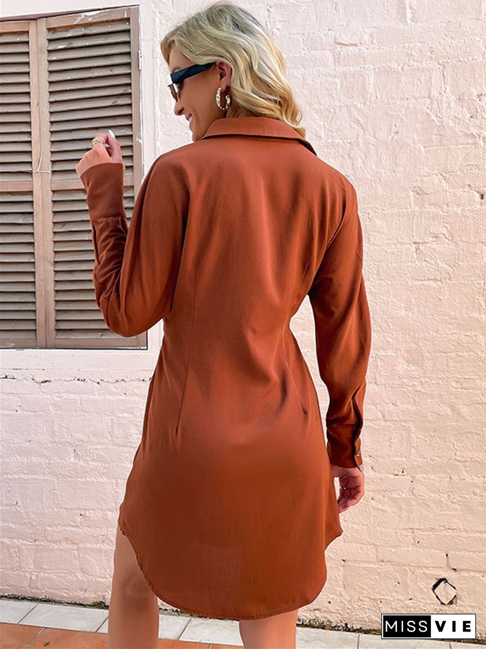 Long Sleeve Solid Color Lapel Loose Shirt Dress