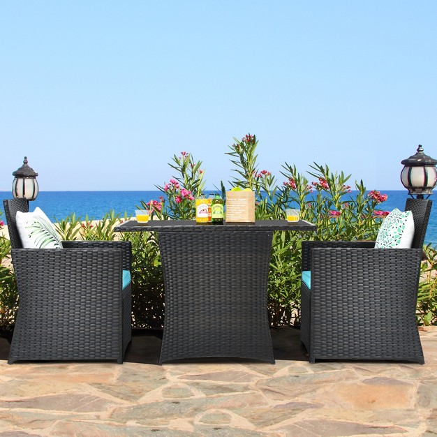 Tangkula 3pcs Patio Rattan Dining Set Space saving Furniture Set With Tempered Glass Top Table And Cushioned Chairs