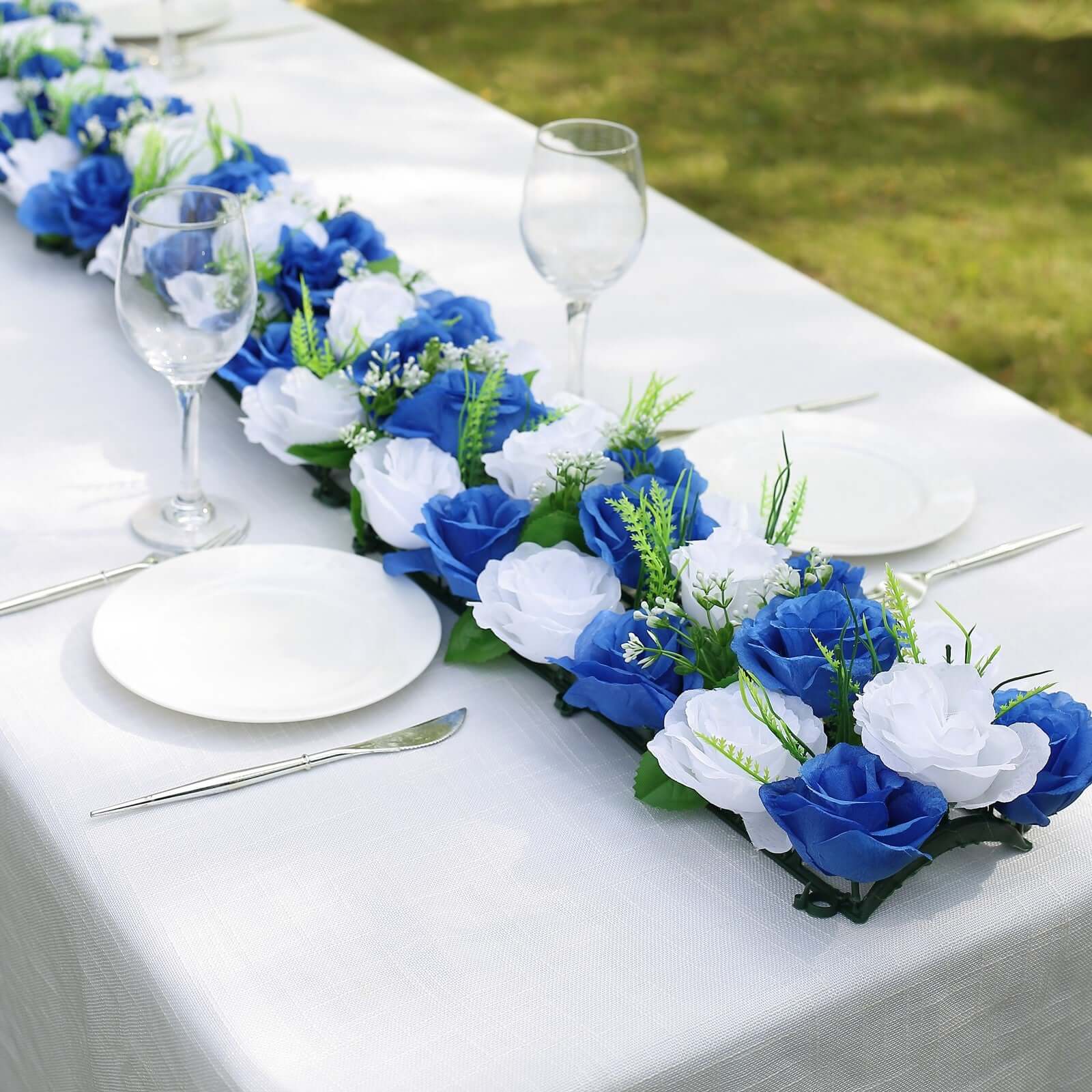 6 Pack White Royal Blue Silk Rose Flower Panel Table Runner, Artificial Floral Arrangements Dining Table Decor - 20