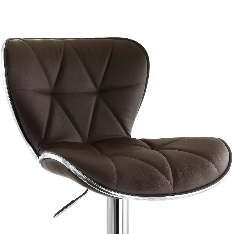 Elama 2 Piece Diamond Tufted Faux Leather Adjustable Bar Stool in Brown with Chrome Trim and Base