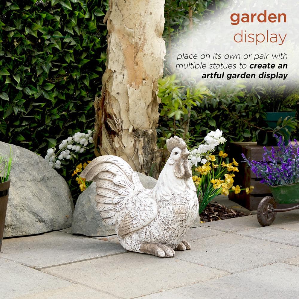 Alpine Corporation 14 in. H Indoor/Outdoor Sitting Rooster Decorative Garden Statue, White QWR1068