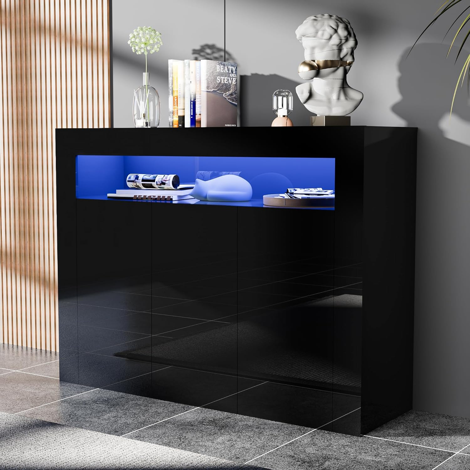 High Glossy Buffet Cabinet Sideboard Storage Cabinet Bar Cabinet with LED Lights Adjustable Shelf and 3 Doors