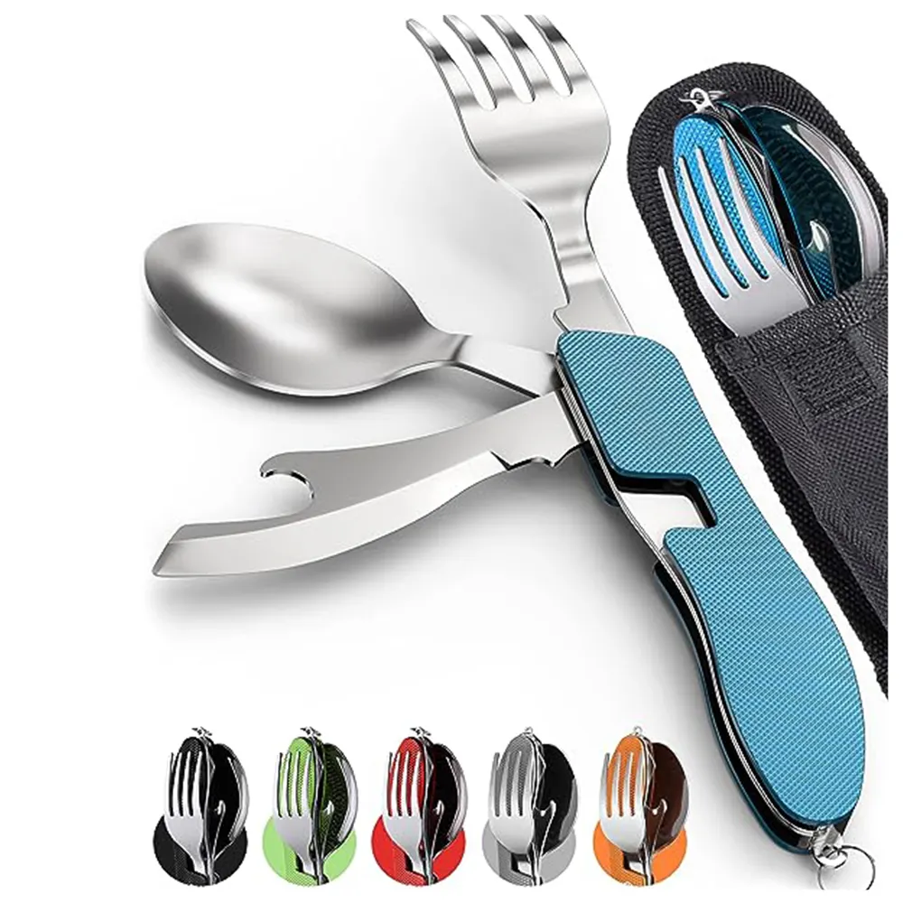 4 in 1 Foldable Stainless Steel Fork Spoon Knife and Bottle Opener Combination Kits Camping Utensil Cutlery Set