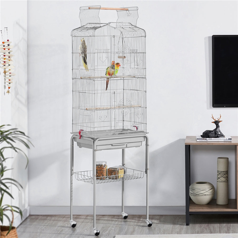 generic 64''H Open Top Metal Bird Cage Large Parrot Cage w/ Double Doors and Rolling Stand for Budgie Parrot Canary Cockatiel， Light Gray