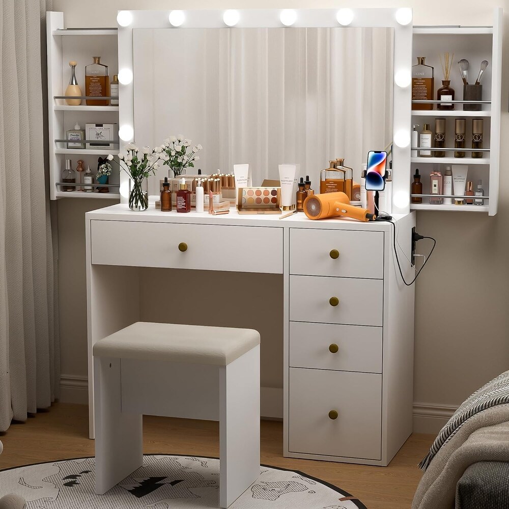 39.3'' Makeup Vanity with 3 Lighting Colors   Power Outlet  5 Drawers  Hidden Shelves