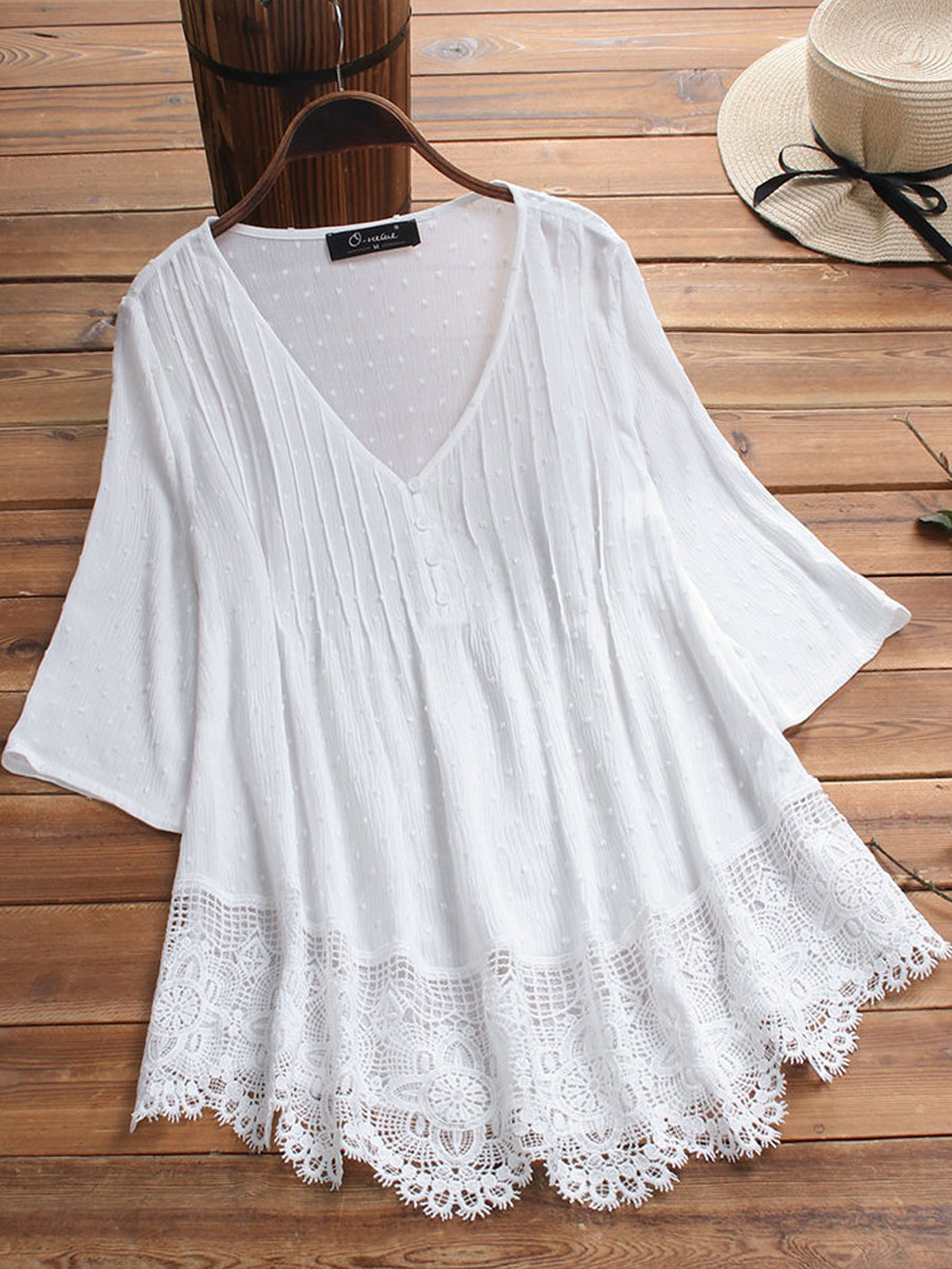 V-neck Casual Loose Lace Panel Sunscreen Mid-sleeve Blouse