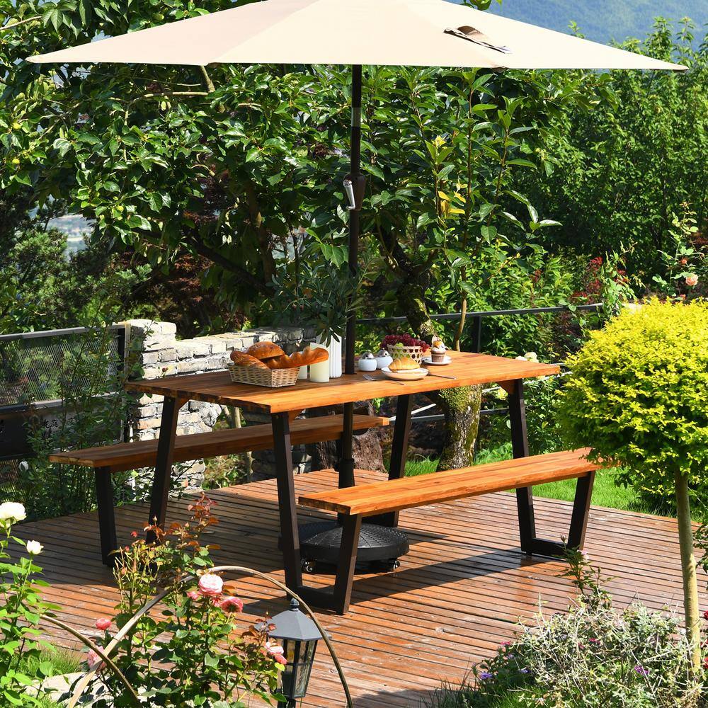 Costway Natural Wood Outdoor Picnic Table Bench Set Outdoor Dining Table Set with 2 in. Umbrella Hole and Metal Frame GHMF0002