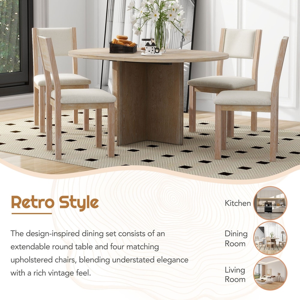 Retro 5 Piece Functional Dining Set with Oval Extendable Dining Table and Upholstered Dining Chairs for Dining Room