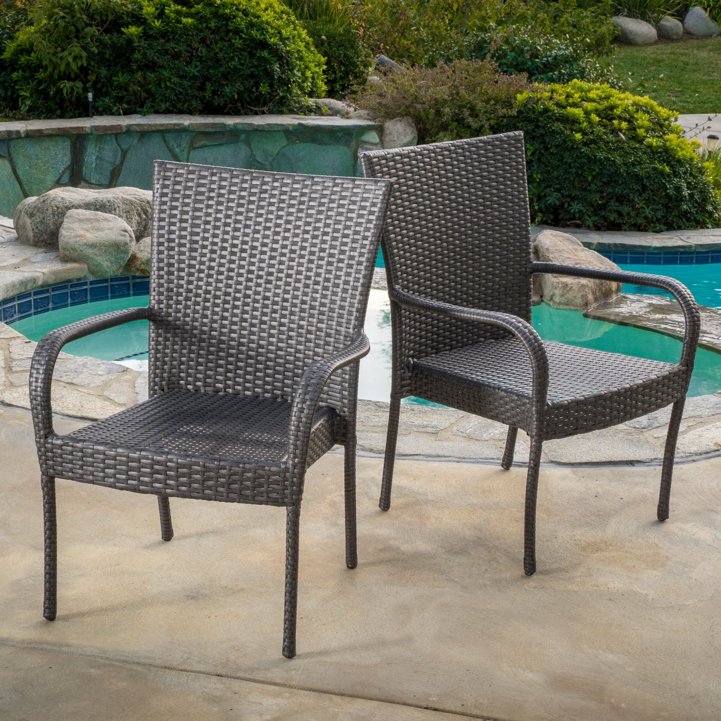 Parham Outdoor 3 Piece Grey Wicker Stacking Chair Chat Set