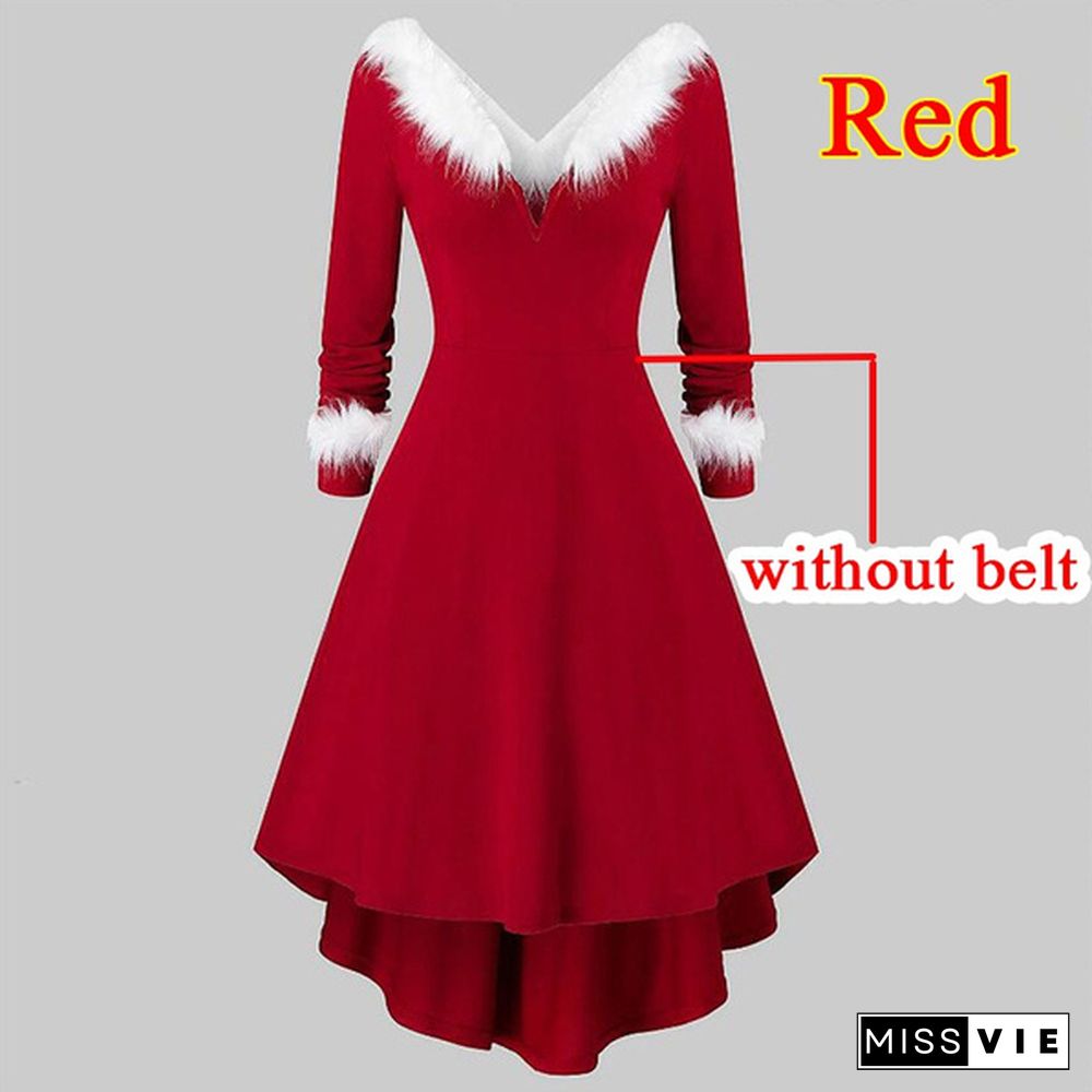 Women's Christmas White Furry V-Neck Irregular Hem Dress Long Sleeve Autumn Winter Plaid Xams Party Dress