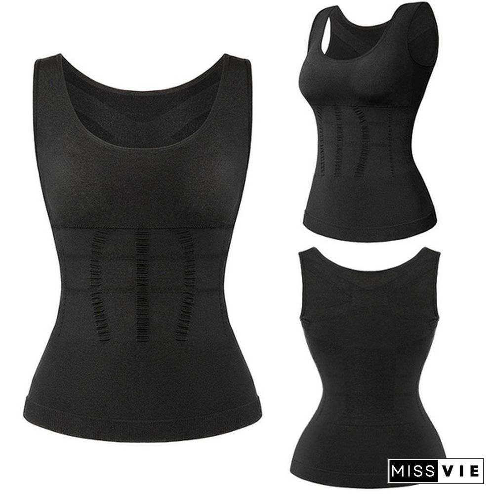 Women's Casual Cami Shaper Compression Shirt Tank Top with Padded Built in Bra Camisole Body Slimming Shapewear