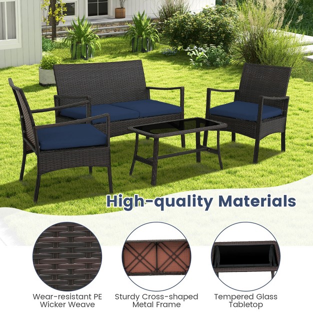 Costway 8pcs Patio Rattan Wicker Furniture Set Cushioned Sofa Armrest Coffee Table Navy