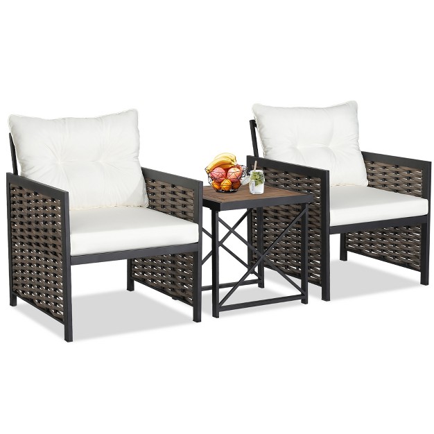 Costway 3 Pcs Patio Rattan Furniture Set Acacia Wood Coffee Table amp 2 Chairs Backyard