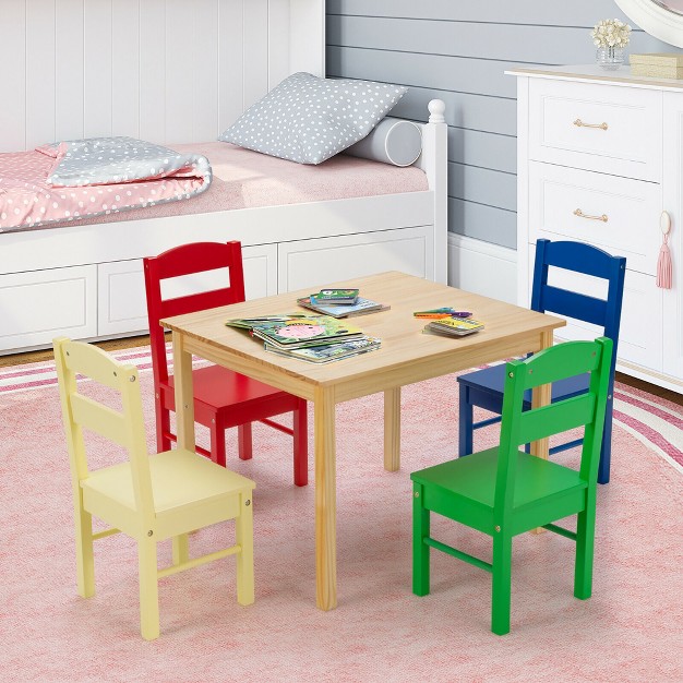 Costway Kids 5 Piece Table Chair Set Pine Wood Multicolor Children Play Room Furniture