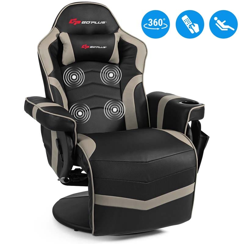 PU Leather Massage Gaming Chair, Ergonomic High Back Racing Style Gaming Recliner with Adjustable Backrest & Footrest, Cup Holder, Side Pouch