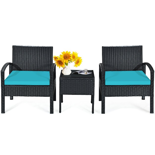 Tangkula 3 Pieces Patio Set Outdoor Wicker Rattan Furniture W Cushions Turquoise