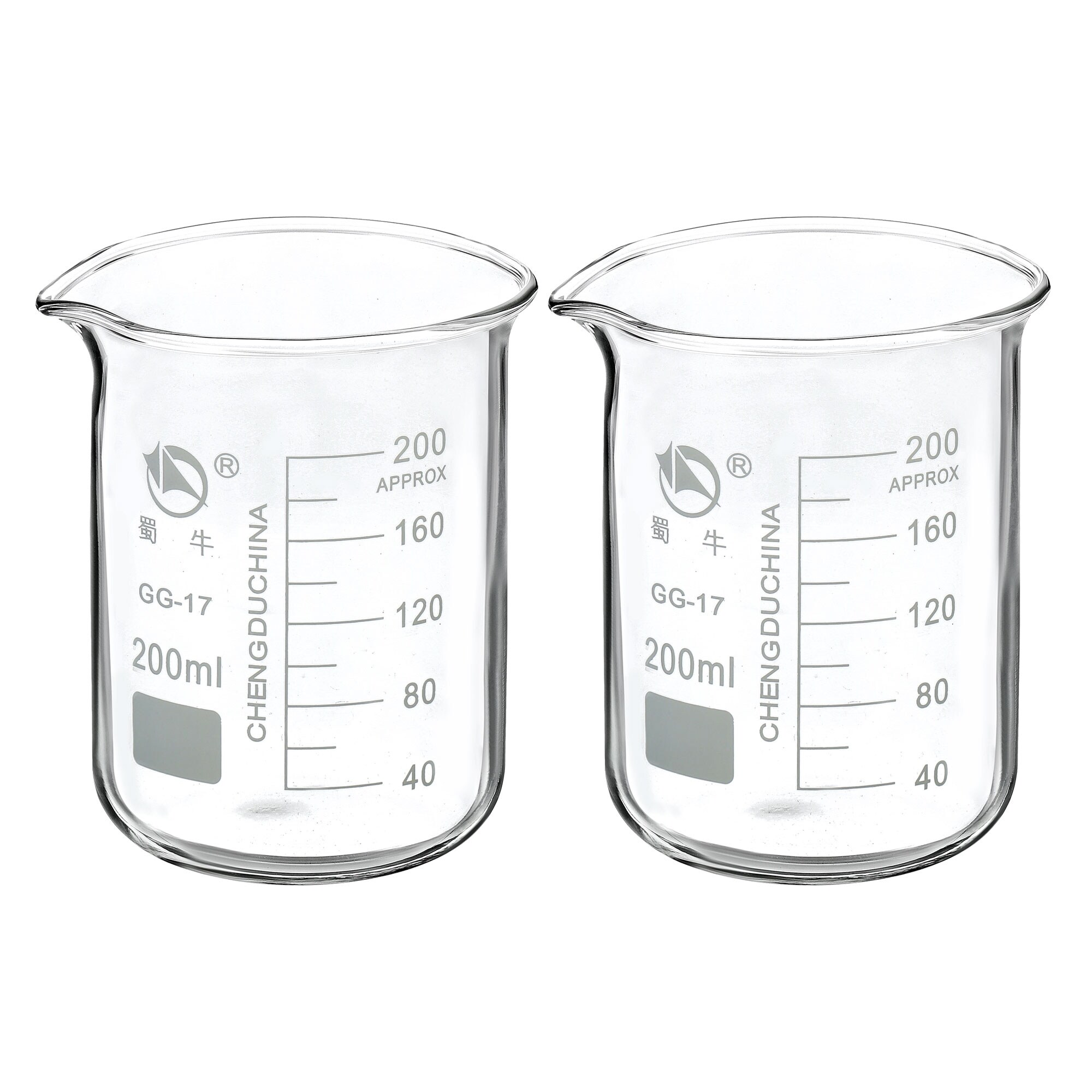 2pcs 200ml Low Form Glass Beaker 3.3 Borosilicate Lab Measuring Cups - Clear