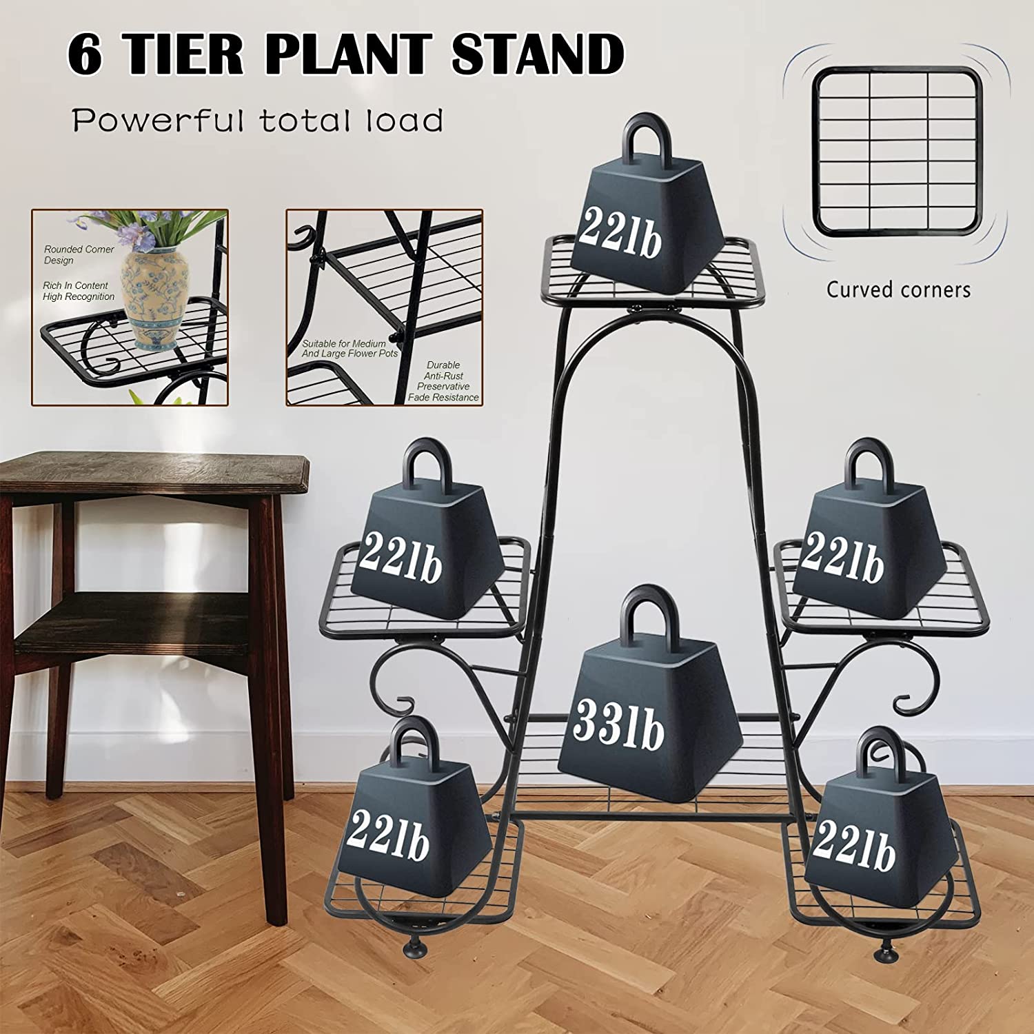 6 Tier Metal Plant Stand,Indoor Outdoor Multiple Tall Corner Flower Pot Holder Stands,Shelf Rack Wrought Iron Tiered Planter Shelves for Patio,Living Room, Garden, Balcony