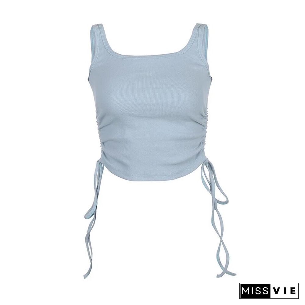 Ruched Sleeveless Tank Tops Tees Women Solid Casual Fashion Crop Top Ladies High Street Tie Up Croptop Summer Fitness