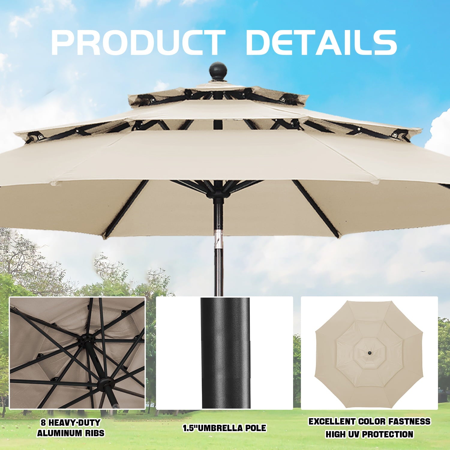 Autlaycil Patio Umbrella 10FT Outdoor Market Umbrella 3 Tiers Adjustable Crank and Tilt Khaki