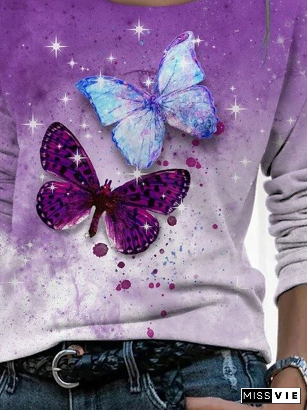 Purple Butterfly Printed Shift Casual Long Sleeve Round Neck Tops