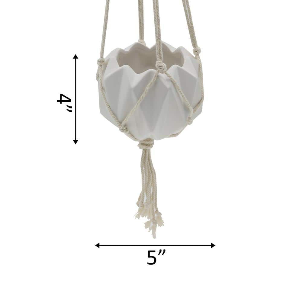 Flora Bunda 5 in. Matte White Ceramic Macrame Hanging Planter EM1882E-MTWH