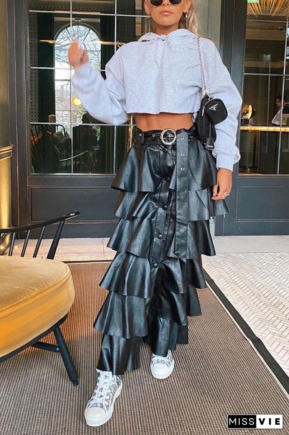 Button Up Ruffled Pu Tiered Skirt