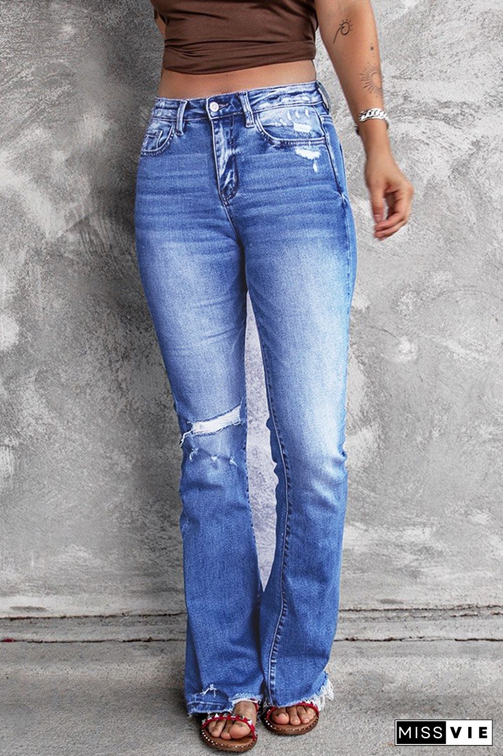 Blue Ripped jeans Flared Jeans Wholesale Boutique