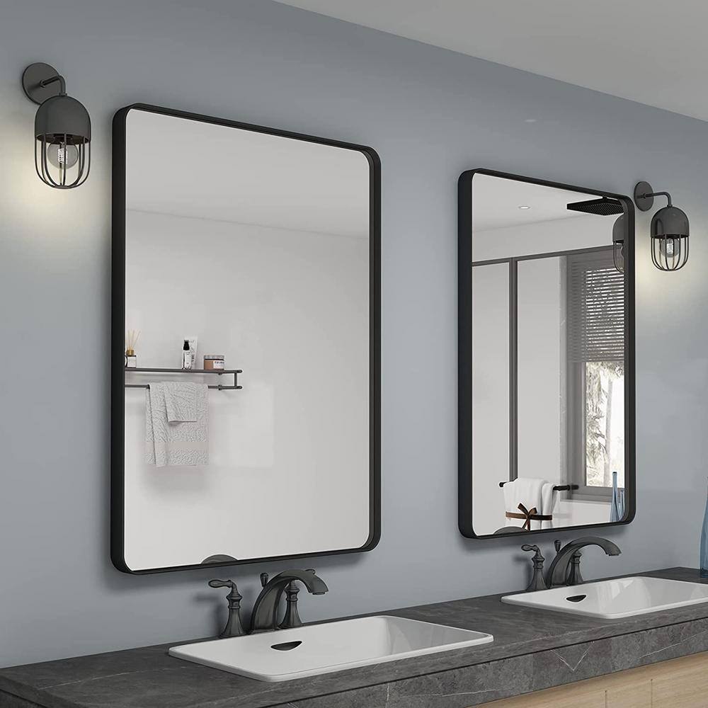 waterpar 28 in. W x 36 in. H Rectangular Aluminum Framed Wall Bathroom Vanity Mirror in Black B7090