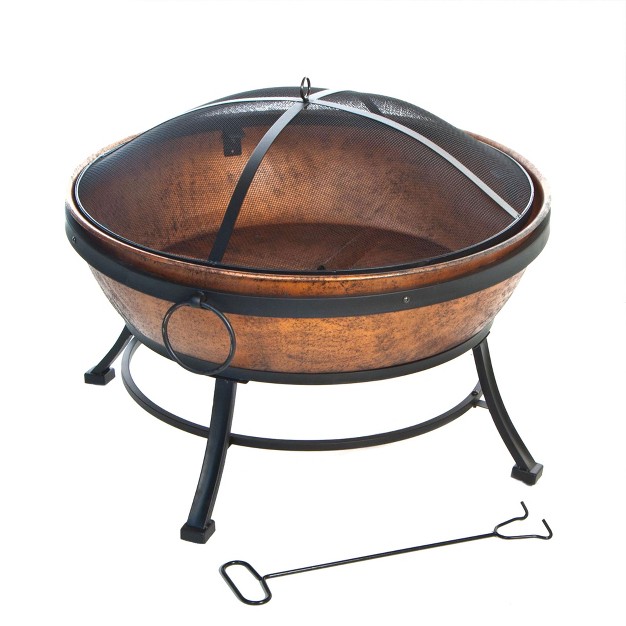 Deckmate 30371 Avondale Outdoor Patio Portable Steel Round Fire Bowl Fire Pit With Poker And Mesh Lid For Patios Porches Gardens And Decks Copper