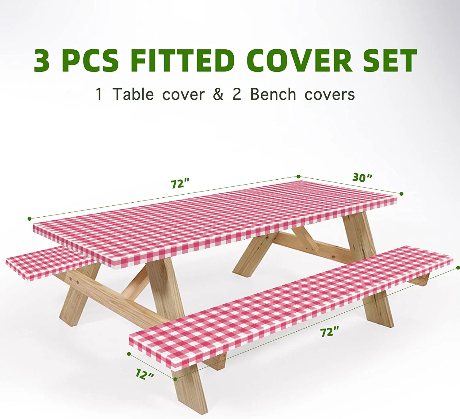 UMINEUX Picnic Table Cover with Bench Covers Fitted Table Clothes for 6 Foot Rectangle Tables Vinyl Flannel Backing with Elastic Edge -for Outdoor/Indoor Party&Dining(30x72 Inch,3-Pieces, Red Plaid)