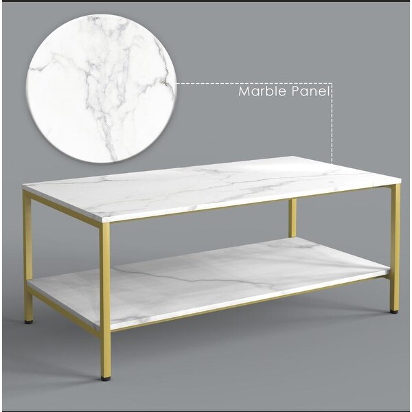 Benton Park Faux Marble Rectangular Coffee Table， Gold Frame