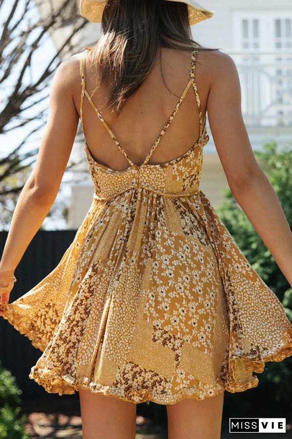 Sexy Floral Print V Neck Sling Dress