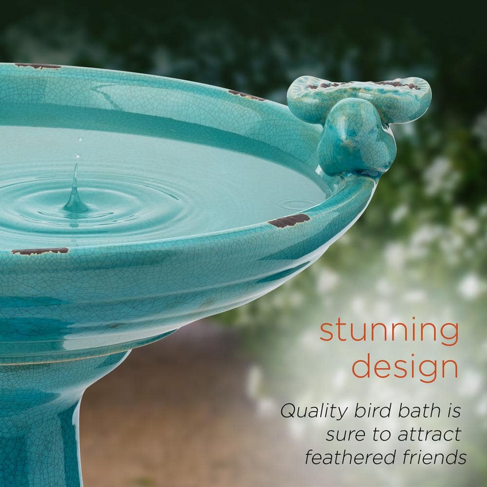 Alpine Corporation 24 in. Tall Outdoor Ceramic Antique Pedestal Birdbath with 2 Bird Figurines， Turquoise TLR102TUR