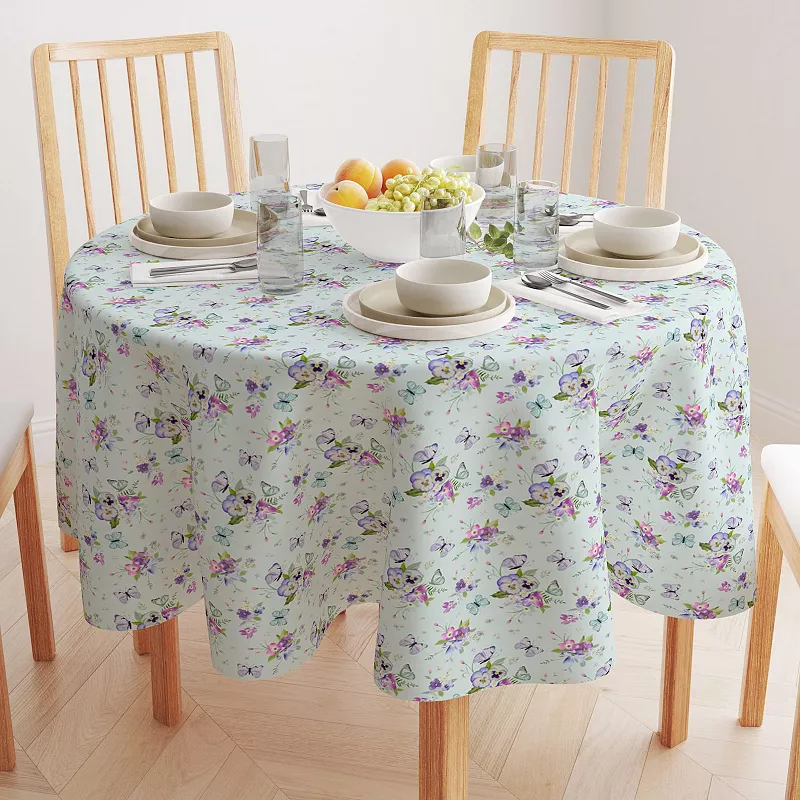 Round Tablecloth， 100% Cotton， 60 Round， Blooming Flowers and Butterflies