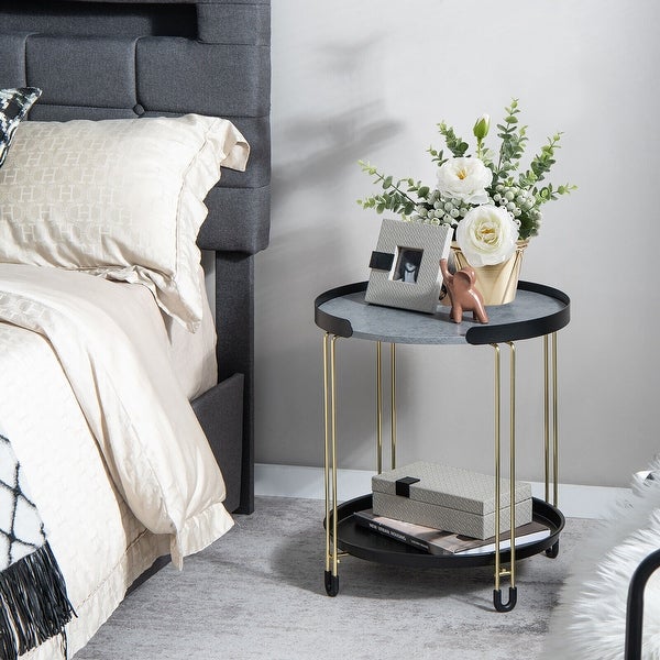 Gymax 2-Tier Side End Table Round Nightstand Gold Frame for Living