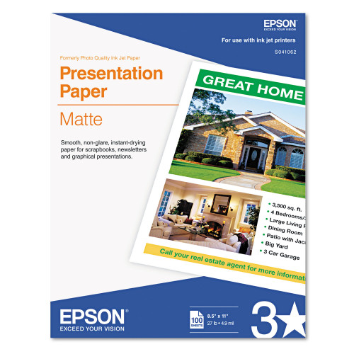  Matte Presentation Paper， 4.9 mil， 8.5 x 11， Matte Bright White， 100/Pack (S041062)