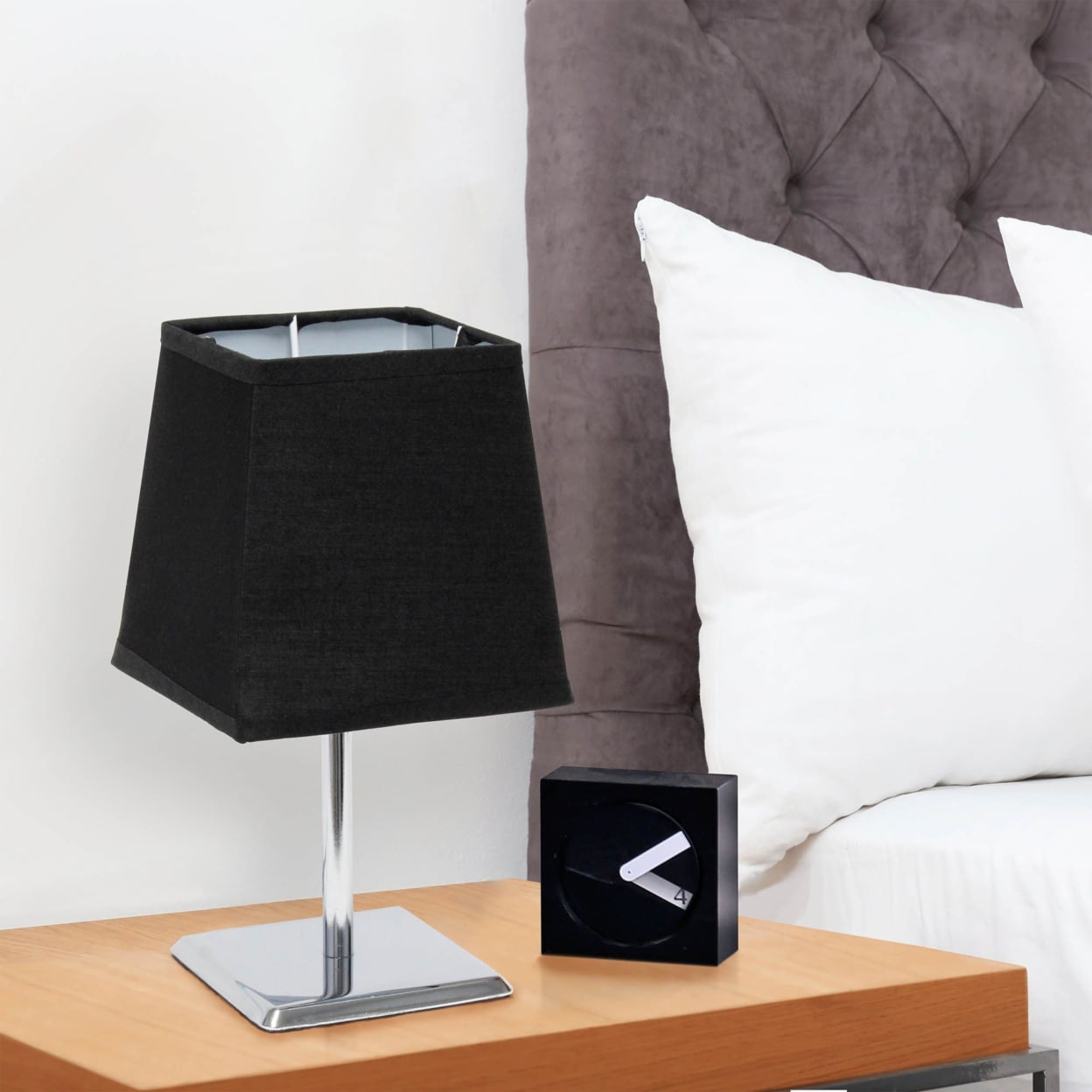 Simple Designs Mini Chrome Table Lamp with Squared Empire Fabric Shade, Black